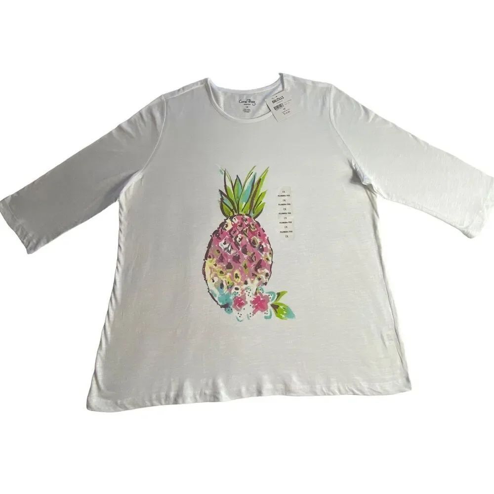 Coral Bay Women’s 1X Pastel Pineapple 3/4 Sleeve Top